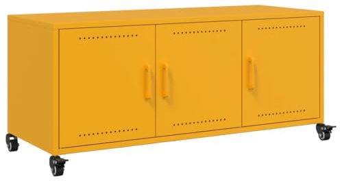 vidaXL TV Cabinet Stand Unit - Mustard Yellow Cold-rolled Steel Media Console with Three Doors and Wheels - Living Room Storage Sideboard, 100.5 x 39 x 43.5 cm