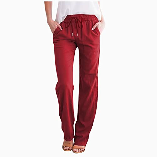 KOG Blitzangebote des Tages Leinenhose Damen Cargo Hosen Musselin Leichte Sommerhose Leinen Baggy Cargohose Frau Jogging Hose Mode Motiv Bequeme Yoga Hose Weißes Stoffhose Prime Rot XXL