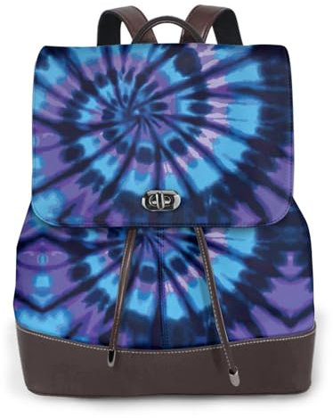 OdDdot Lederrucksack mit Batikdruck, für Damen, Herren, Büchertasche, Wochenende, Tagesrucksack, für Reisen, Arbeit, Violett, Schwarz , One size
