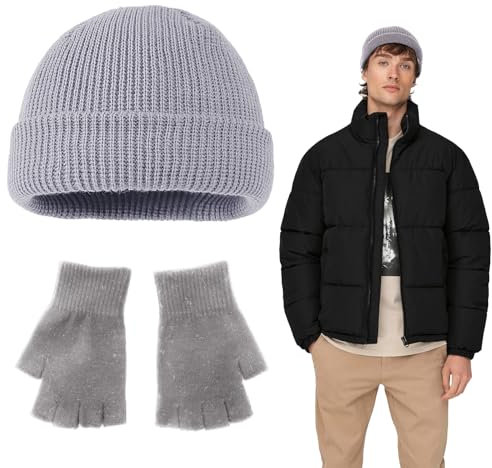 VEGCOO Mütze Herren Winter, Beanie Mütze + Fingerlose Handschuhe, Fisherman Beanie, Unisex Strickmütze Trawler Beanie, Winter Warme Mützen, Dehnbare Weiche Wollmütze für Damen Herren