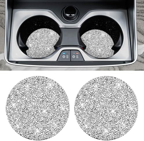 AOZUO Car Cup Coaster, 2pcs Bling Cup Holders Crystal Rhinestone Anti-Slip Shockproof Vehicle Holders Coasters Drink Car Cup Mat Universal Insert Automotive Interior Accessories for Women(Silver)