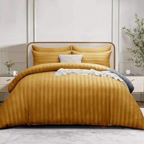 Simply Amelia Super King Duvet Cover Sets Stripes Satin Quilt Cover Bedding Sets with Pillowcases Ultra Soft Hypoallergenic Bed Covers (Ochre, 220 x 260 cm)