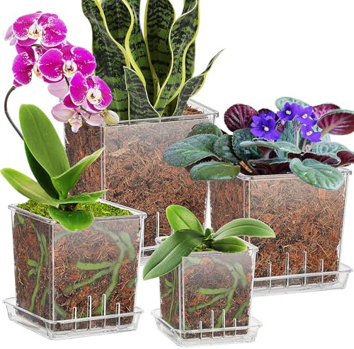 IWTTWY 4 Pack Clear Orchid Pots, 8/10/12/15 CM Acrylic Plant Pots Thickened, Nursery Planter with Drainage Hole and Saucer, Plastic Planter Breathable Orchid Pots for Indoor Outdoor