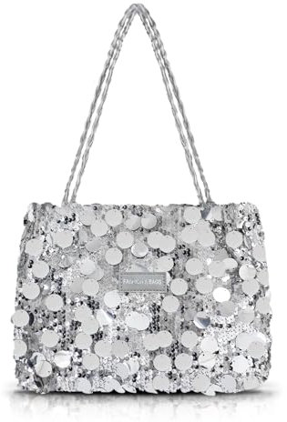AfitLulu Groß Pailletten Tote Bag Damen Prickelnd Handtasche mit Reißverschluß und Ledergriff, Modisch Umhängetasche Unterarmbeutel Shopper Tasche für Partys Termine Bankette (Silber)