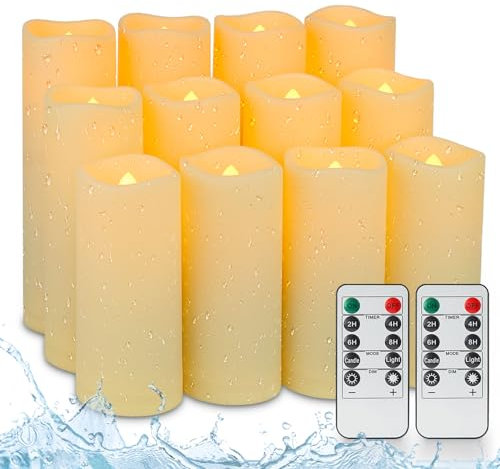 Fanna 12 LED Kerzen Outdoor Wasserfeste mit 2 Fernbedienungen, Batteriebetriebene Flammenlose Kerzen mit Timer für Kirche und Hochzeit Deko – H 12,5/15/18 cm