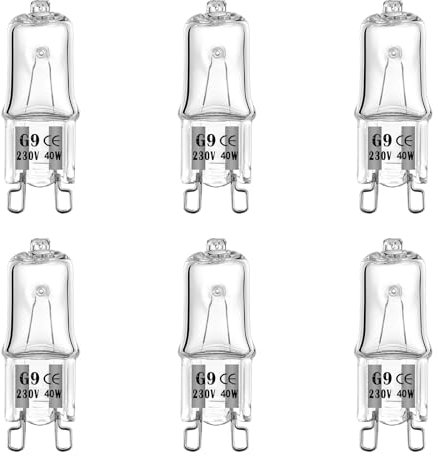 WinDerMo G9 Halogen Leuchtmittel 6 Stück, Halogen 40W 230V Dimmbar Halogenlampen, G9 Kapsel Glühbirnen Nicht Flimmern, Warmweiß Lampen 2700K für Backofenlampe, Deckenleuchten, Leuchter