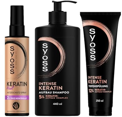 SYOSS Shampoo Intense Keratin Aufbau Shampoo (440 ml) & Tiefenspülung (250 ml) & Heat Hitzeschutz Spray (200 ml) stärkt schwaches, brüchiges Haar, Hitzeschutz bis zu 230 °C, mit Frizz-Kontrolle