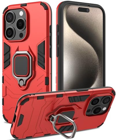RIIMUHIR Case for iPhone 15 Pro Max, Shockproof Cover with 360° Metal Ring Stand, Anti-Scratch Hard Protective Case, Full Body Bumper Case with Camera Protection (Red)