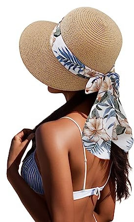 Generisch 2025 Sombrero de paja ancho de verano para mujer, sombreros de sol plegables para la playa, gorro de sol con volantes, sombrero para el sol, caqui, talla única