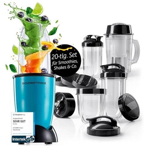 GOURMETmaxx Mr. Magic Power Pro Mixer 400 Watt | Smoothie Maker mit to go Deckel | Standmixer mit Mixbecher & Frischhaltedeckel zum Aufbewahren | Blender mit Zubehörset XL für Shakes, Smoothies etc.