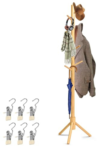 KATLKIU Garderobenständer aus Massivholz mit 8 Haken & Edelstahl-Clips – Moderner Garderobenständer für Flur, Schlafzimmer, Büro, freistehend aus Kiefernholz – Naturfarbe