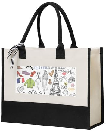 PPHGUT Tragetasche mit französischer Paris-Tour, Eiffelturm-Druck, großes Fassungsvermögen, Segeltuch, Geschenk für Shopping, Alltag, Reisen, Schule, Büro