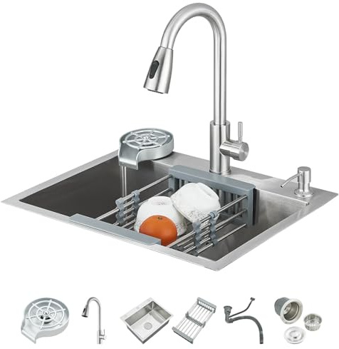 Zamery - Fregadero de cocina cepillado, 1 bandeja de 60 x 45 cm, con grifo extensible, dispensador de jabón y lavaplatos, kit de fontanería completa