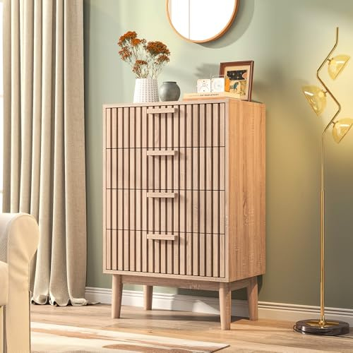 HFASD Kommode Mit 4 Schubladen, Sideboard 60cm Breit, Schrank Kommode Holz Schmal, Schubladenschrank Komodenschrank Für Schlafzimmer Wohnzimmer Flur Büro Organizer, 60x34x91cm