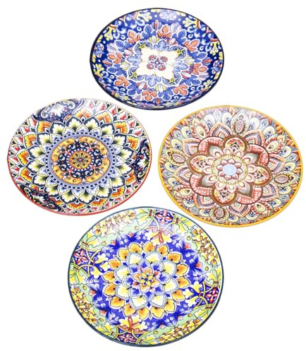 Darthome Set of 4 Tuscany Mandala Side Plates, Ceramic, Multicoloured, Mediterranean Style, 20cm, Dishwasher and Microwave Safe