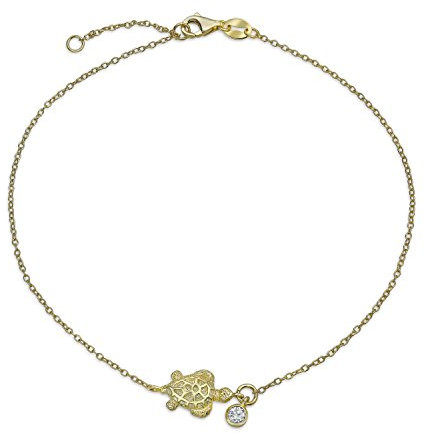 Bling Jewelry Nautisches Tropisches Urlaubs CZ Akzent Schildkröten Fußkettchen Knöchelarmband Für Frauen Vergoldetes Sterlingsilber 9, 10 Zoll