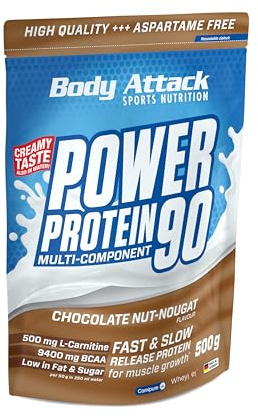 Body Attack POWER PROTEIN 90 - Chocolate Nut Nougat - 500g Beutel - Mehrkomponenten Protein Pulver, Made in Germany - Mit BCAA, Vitaminen & L-Carnitin - Protein Shake extra cremiger Geschmack