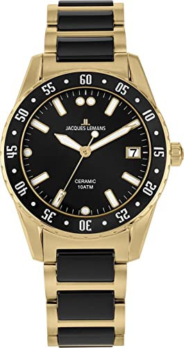 JACQUES LEMANS Herrenuhr Liverpool Massiv Edelstahl/High-Tech-Ceramic massiv Edelstahl ip-Gold 42-10G