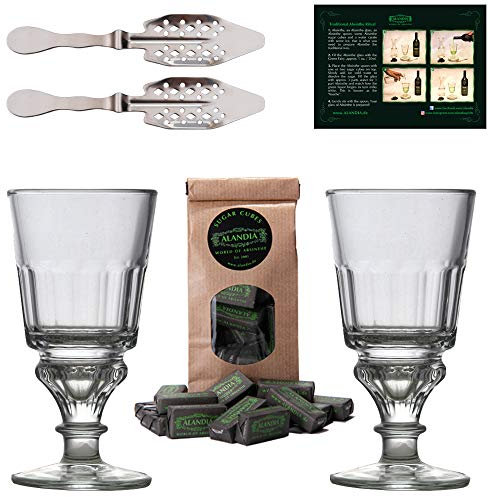 Absinth Zubehör Set von ALANDIA | 2X Gläser mit Reservoir | 2X Löffel aus Edelstahl | 1x Zuckerwürfel