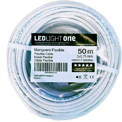 Led Light One Cavo H05VV-F Tubo 2x0,75 mm 50 m (bianco) Tensione di servizio: 500 V Temperatura massima di lavoro 70 °. Cavi per installazioni fisse e mobili in locali domestici e uffici.