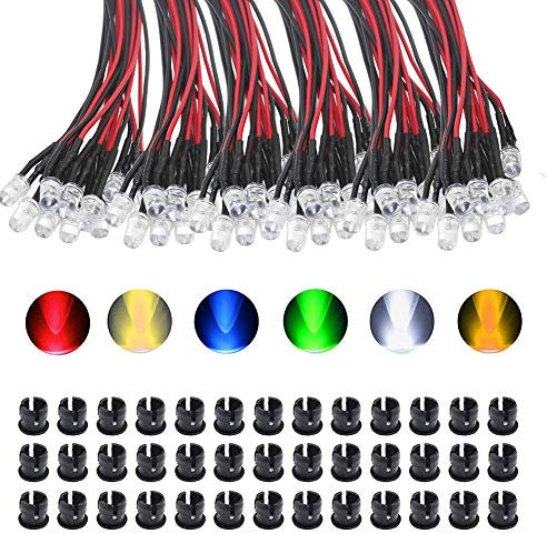 KeeYees 60Pcs 3mm LEDs mit 20cm Kabel DC 12V Led Fertig Verkabelt - Weiß Warm Weiß Rot Blau Grün Gelb (10Pcs X 6 Farben) + 60Pcs 3mm Plastik LED Montageringe… (5mm)