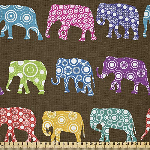 ABAKUHAUS Elefant Stoff als Meterware, Tiere mit Kreisen, Microfaser Stoff für Dekoratives Basteln, 1M (230x100cm), Braun Weiß Blau