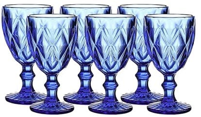 WHOLE HOUSEWARES Colored Glass Drinkware | 9.5 Ounce Water Glasses | Diamond Pattern Cobalt Blue 1 6 Count (Pack of 1)