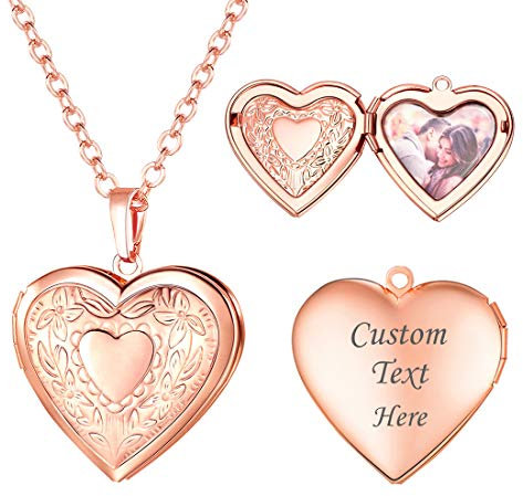 U7 Collier Coeur Amour Couple Photo Gravé colier medaillon qui s’ouvre Médaillon Locket Photo Personnalisable Femme Plaqué Or Rose Chaîne