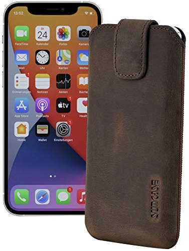 Suncase ECHT Ledertasche Leder Etui kompatibel mit iPhone 12 Pro (6.1) (mit Rückzugsfunktion und Magnetverschluss) antik dunkel braun