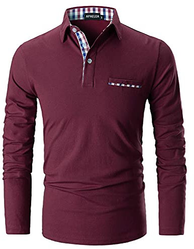 APAELEA Men's Long Sleeve Polo Shirt Casual Rugby Shirts with Plaid Down Collar,Red,XXL