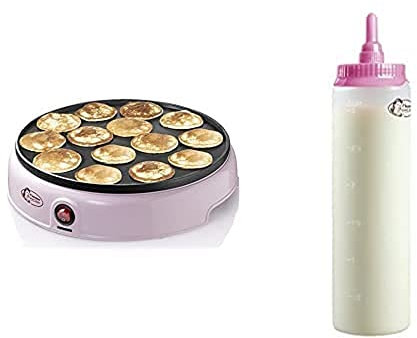Bestron Poffertjes Maker, inkl. Teigportionierer für 700ml mit Skala, Ideal zum Befüllen des Poffertjes-Geräts, Farbe Gerät: Rosa, Teigflasche: Weiß