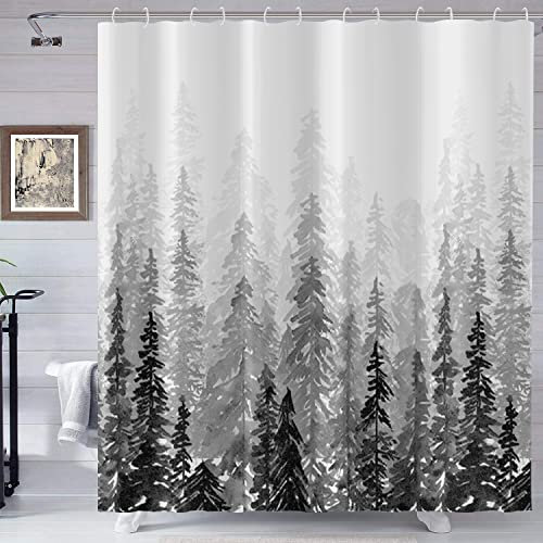 GCIREC Duschvorhang, Motiv: Nebelwald, schwarzer Kiefernbaum, nebliger Wald, Natur, Waldlandschaft, Badezimmer-Vorhänge für Badewanne, Dekoration, maschinenwaschbar, wasserdichter Stoff mit 12 Haken