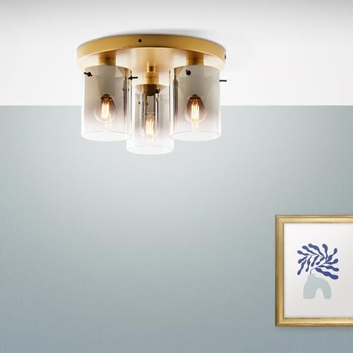 Lightbox moderne Deckenlampe - Deckenleuchte mit dekorativem Glas-Schirm - geeignet für 3x E14 Leuchtmittel - Glas/Metall - Gold/Rauchglas - 30 cm Durchmesser