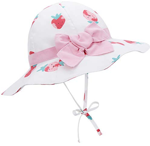 Durio Sonnenhut Kinder Baby Mädchen Sommerhut Sonnenschutz UPF 50 Sommer Kinderhut Fischerhut mit Breite Krempe Weiß mit Erdbeere L 2-4 Jahre