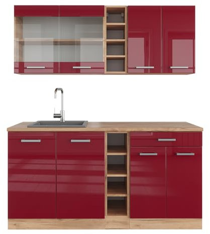Vicco Singleküche R-Line, Bordeaux Hochglanz/Eiche Gold, 160 cm ohne Arbeitsplatte