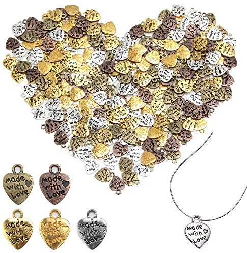 Keboyoe 250 Stück Mini Herz Anhänger Antique Herzanhänger Basteln Metall Charm Anhänger Vintage Herzanhänger Made with Love Anhänger für DIY Handwerk Schmuck Herstellung Zubehör (5 Farben)
