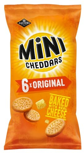 JACOB'S Mini Cheddars Original Multipack, 6 x 23 g Bags Per Pack | Baked with Real Cheese, Savoury Cheese Snacks, No Artificial Colours or Flavours, Great for Sharing
