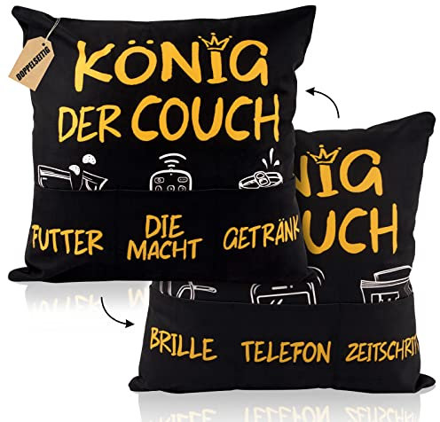 45 x 45cm Zierkissenbezug mit 6 Taschen König der Couch Lustige Männer Kissenbezug zum Befüllen Kissenhülle Geschenk Zierkissenhülle zum Geburtstag Dekokissenhülle Weihnachten Sofakissenhülle