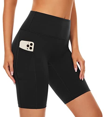 SIMIYA Radlerhose Damen, Kurze Leggings mit Handytasche Blickdichte High Waist Sporthose Damen Kurz, Sport Shorts für Gym(Schwarz,M)