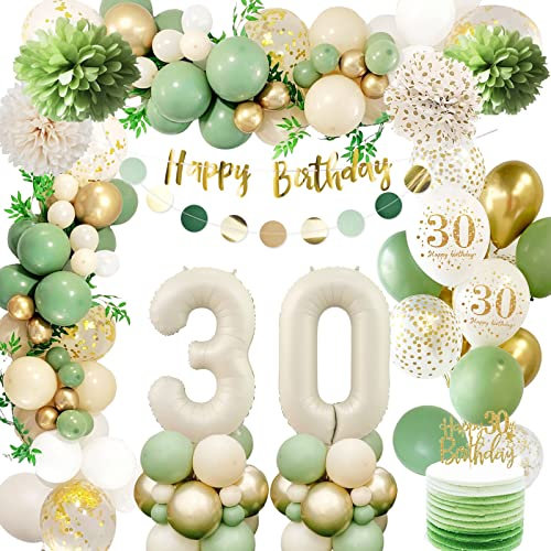 30 Geburtstag Deko Frauen,Geburtstagsdeko 30 Männer,30 Geburtstag Luftballon Grün Gold mit Happy Birthday Banner,Pompoms für Frau Mann Luftballon30