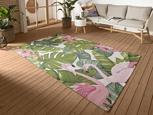 Hanse Home Tropical Flamingo In- & Outdoor Teppich – Flachgewebe, Tropical Jungel Florales Palmen Design, ÖKO-TEX Wetterfest & UV-beständig für Balkon, Terrasse, Garten, Wohnzimmer - Bunt, 80x165cm