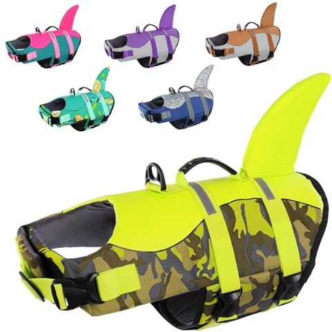 CITÉTOILE Schwimmweste Hunde Hai, Leicht und Sicher für Wassersport, hundeschwimmweste mit Griff und Reflektierend für Kleine Mittlere und Große Hunde, Zitrone, L