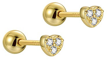 CZ Heart Mini Cartilage Stud Earrings 925 Sterling Silver Crystal Small Bead Ball Screw Back Hypoallergenic Tragus Studs Earring for Women Teen Girls Daughter Cute Jewelry Gifts 20G (Gold)