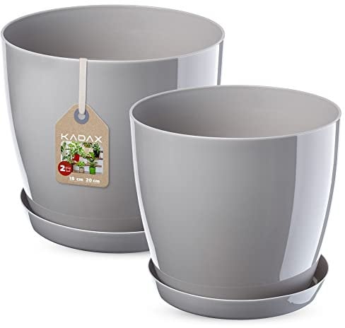 KADAX Pot de fleurs avec soucoupe ronde en plastique pour intérieur, pot de fleurs et plantes d'intérieur, pot à herbes aromatiques (lot de 2 à 18 + 20 cm, gris)
