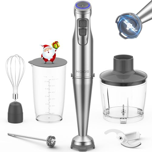 KOIOS Mixeur plongeant de 1100 W, mixeur plongeant en acier inoxydable avec mode turbo et 12 vitesses, mixeur plongeant 5 en 1 avec bol de mélange de 600 ml avec couvercle, hachoir de 500 ml