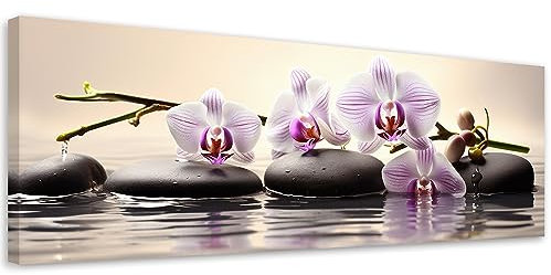 Feeby Bilder Orchidee Zen Spa 90x30 cm 1 tlg Modern Leinwandbilder Bild auf Leinwand Kunstdruck Wand Bild Wanddeko Design Schlafzimmer Büro Flur Hotel Spa Wohnzimmer Wasser Kerzen Steine Violett
