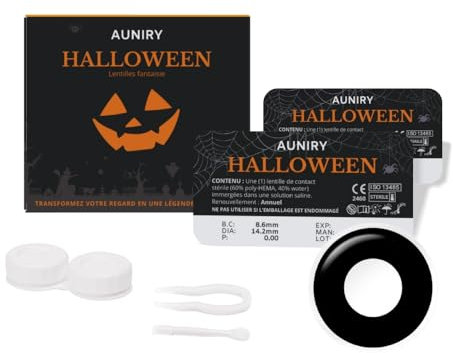 AUNIRY Schwarze Halloween-Kontaktlinsen – 1 Paar (2 Stück) – Jahreslinsen ohne Sehstärke – Inklusive Pinzette, Applikator und Kontaktlinsenbehälter – Bringen Sie Ihr Kostüm zum Leben | AUNIRY