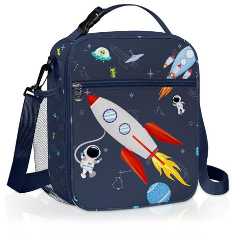 Clastyle Bolsa Termica Porta Alimentos Bebe Azul Cohete, Bolsa Almuerzo Infantil Espacio Reutilizables con Correa, Bolsa Comida Niño para Viaje Picnic Guarderia