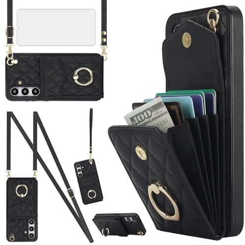Asuwish Étui de téléphone pour Samsung Galaxy S24 Plus S24+ 5G - Étui portefeuille avec protection d'écran en verre trempé et dragonne, anneau de blocage RFID, porte-cartes en cuir, cellule en cuir