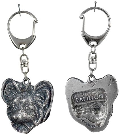 Art-Dog Niedlicher Hundeschlüsselanhänger - Exklusive Kollektion Papillon Schlüsselanhänger Hund - Versilberte Keyring mit 2,5 cm Schloss - 4,7x4,2x9,9cm